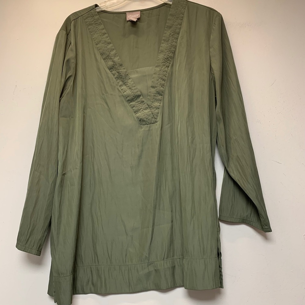 Chico's Tunic Women 3 Olive Green Excellent V-Neck Long Sleeve Textured Slit Hem